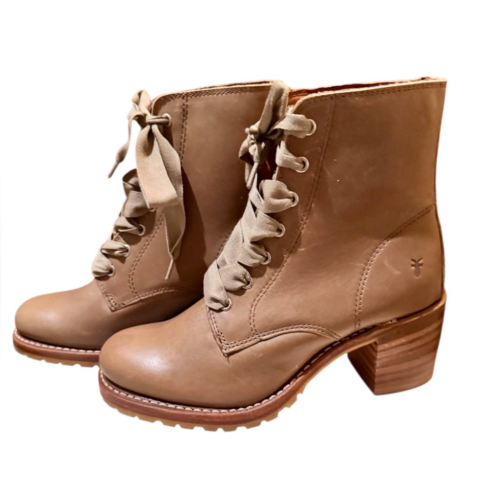 Frye Sabrina 6g Lace-Up Combat Boots Tan/Taupe Leather Block Heel Vibram Sole, 7